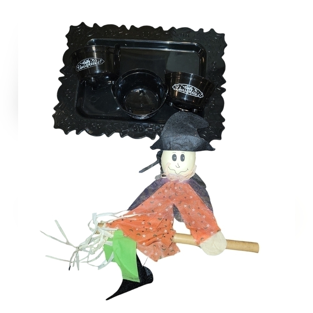 Halloween Decor Witch that hangs, 3 Happy Halloween buckets, Tray with spiders